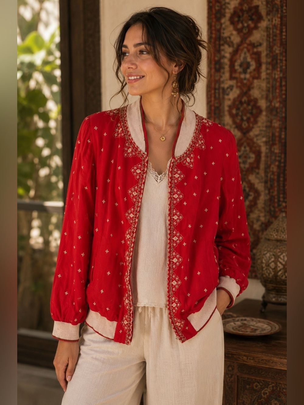 Conditions Apply Red Embroidered Women's Jacket Size XS Boho Festival